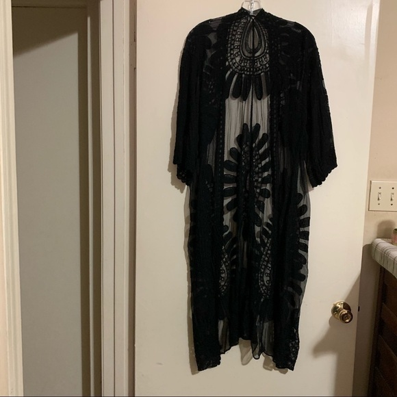 Kimono Shawl Drape Cape Duster Black short sleeve lace sheer one size - Picture 8 of 9